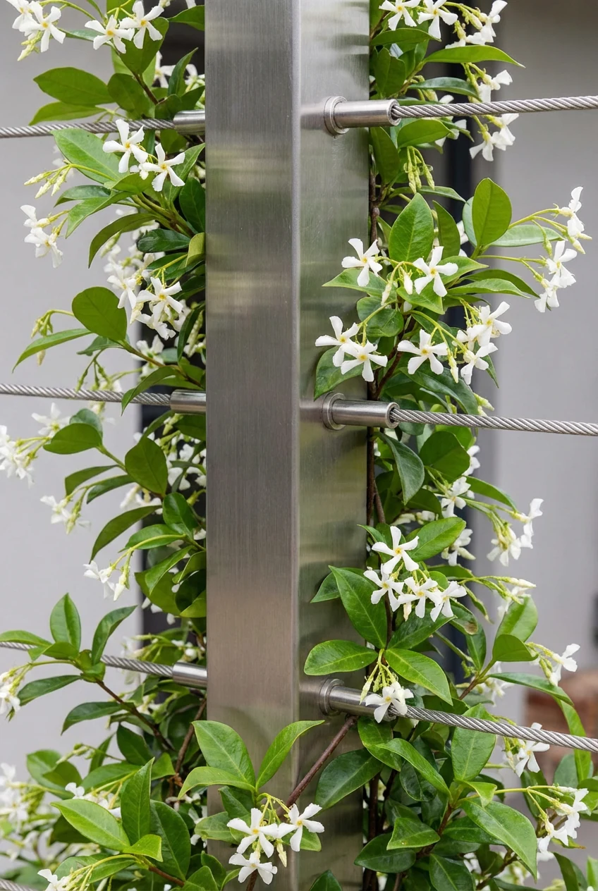 stainless cable trellis with star jasmine, closeup on metal post