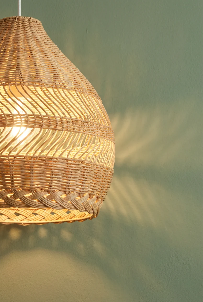 rattan lampshade closeup, warm light on matte sage wall