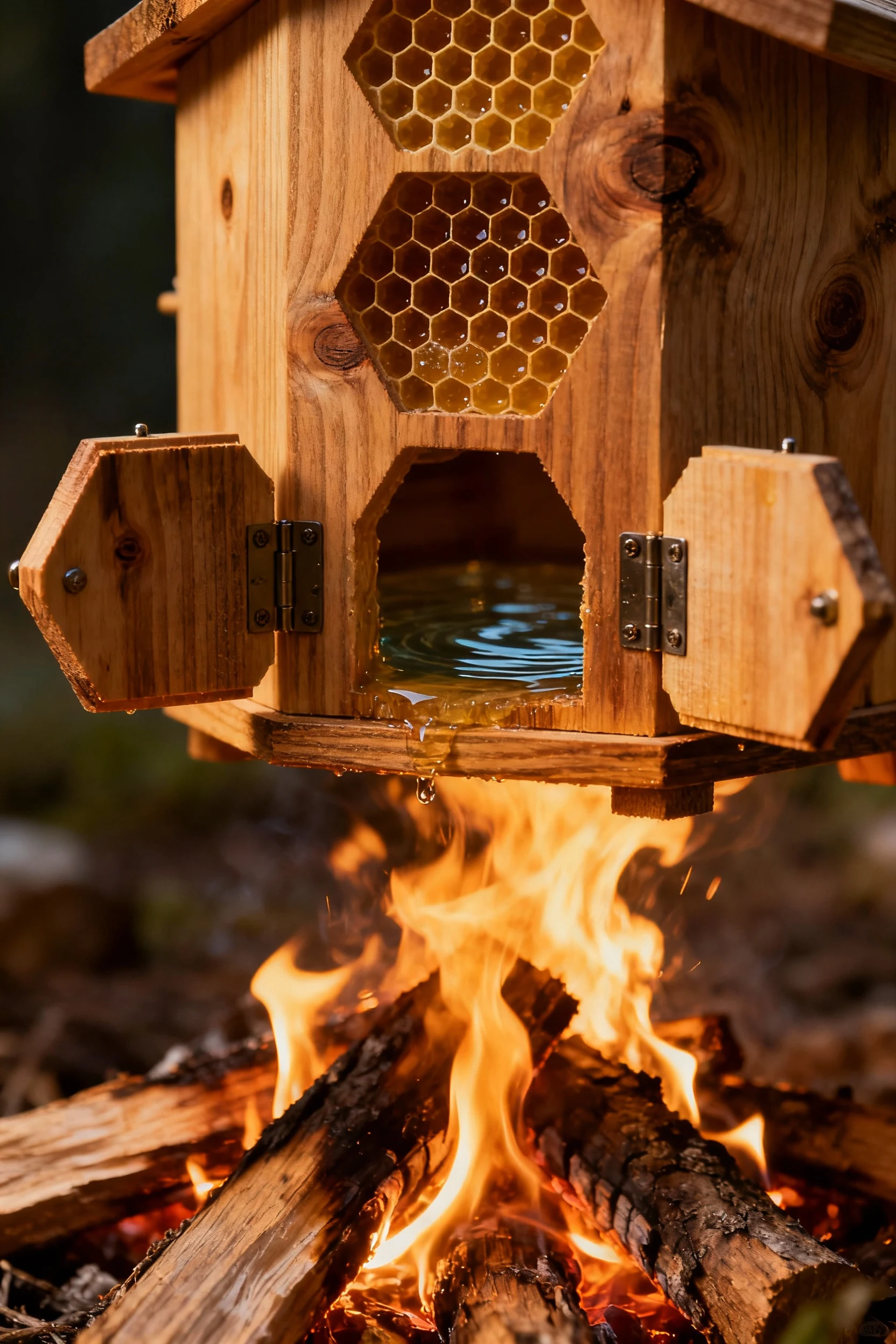 beehive above campfire with trapdoors guarding water, closeup