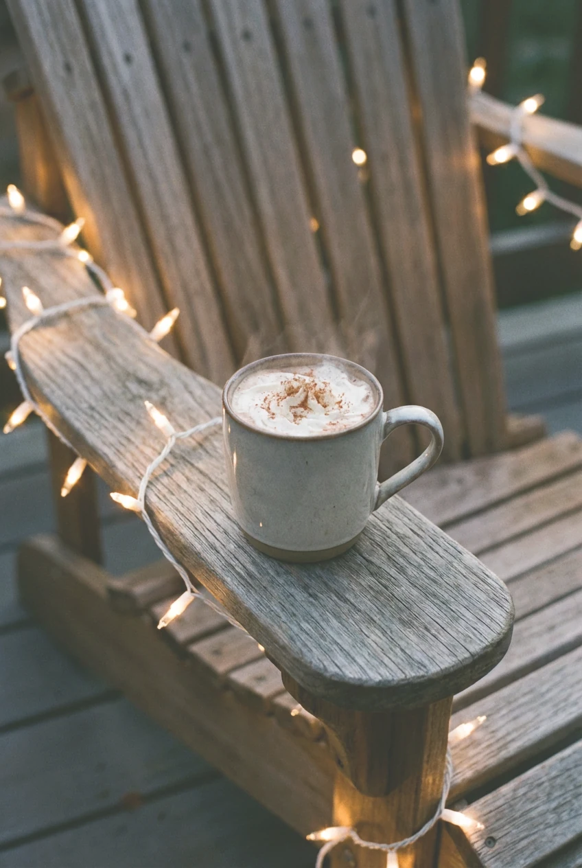 closeup teak Adirondack chair arm, cocoa mug, string lights