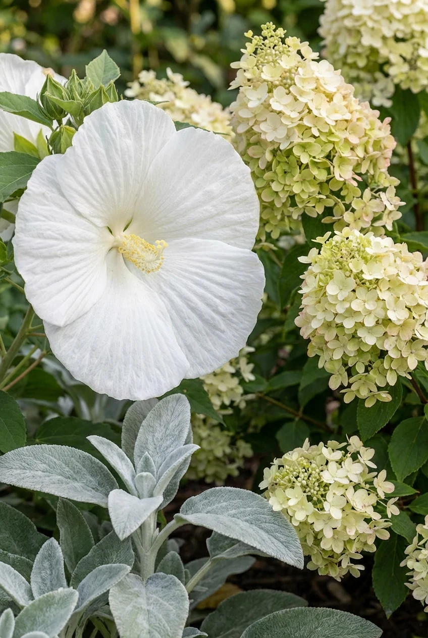 closeup of white hibiscus with silver lamb’s ear, panicle hydrangea