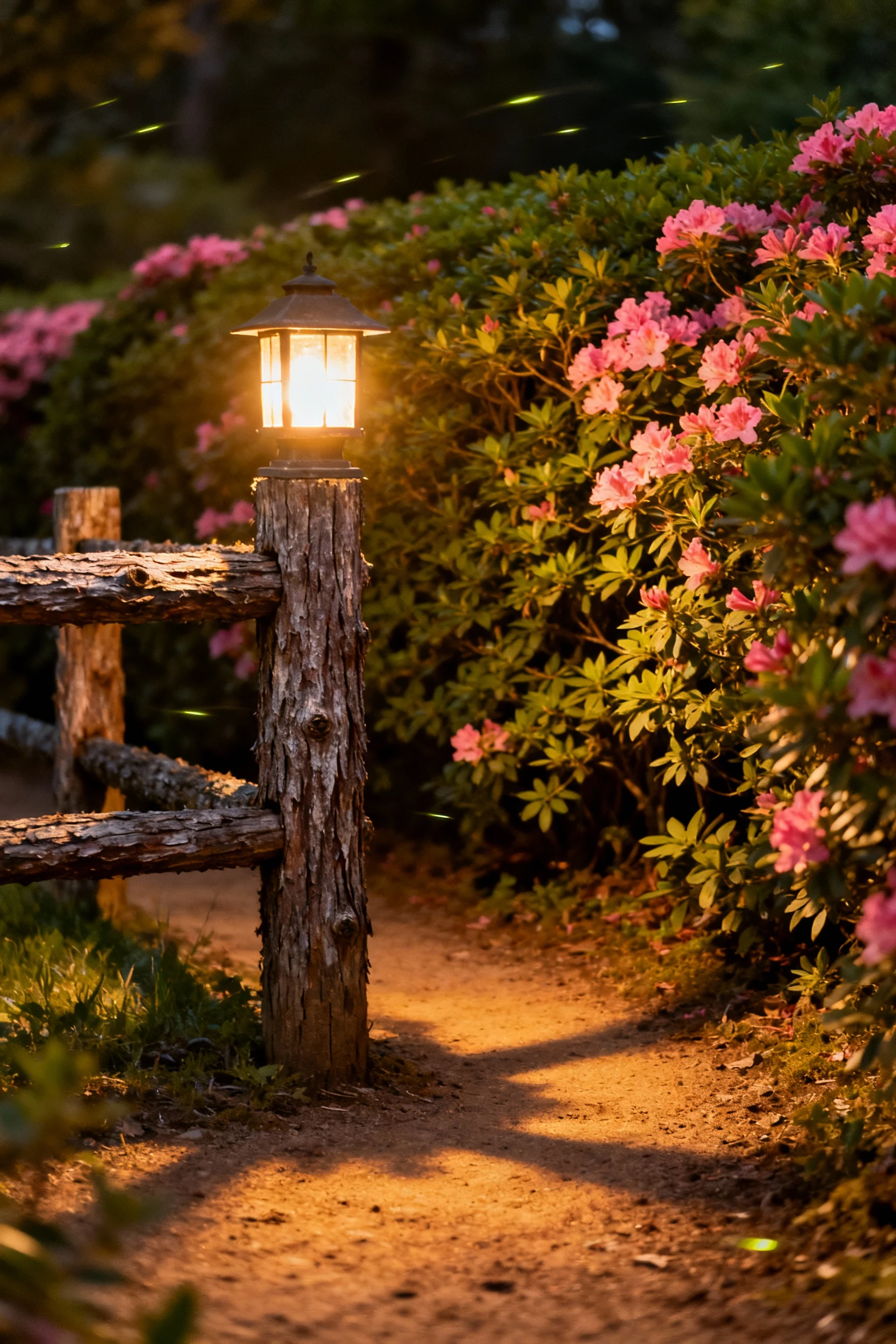 night lantern on spruce fence post, dirt path, azalea hedge