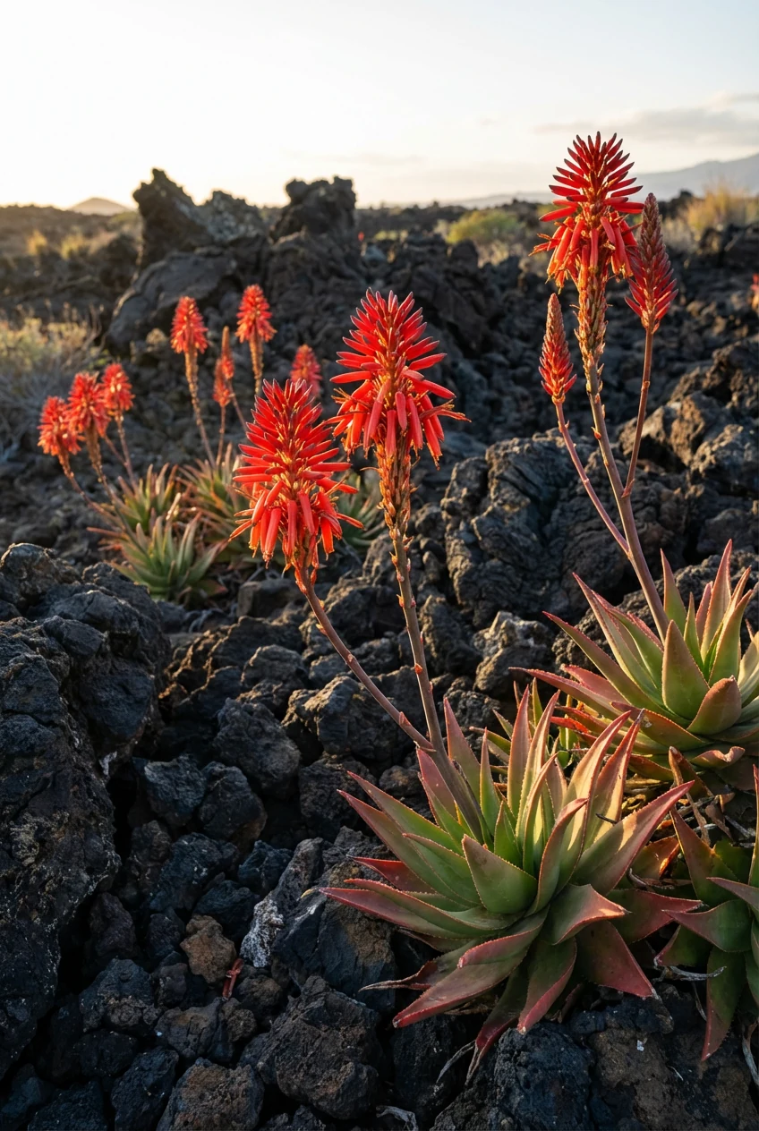 red aloe blooms rising over black lava rock