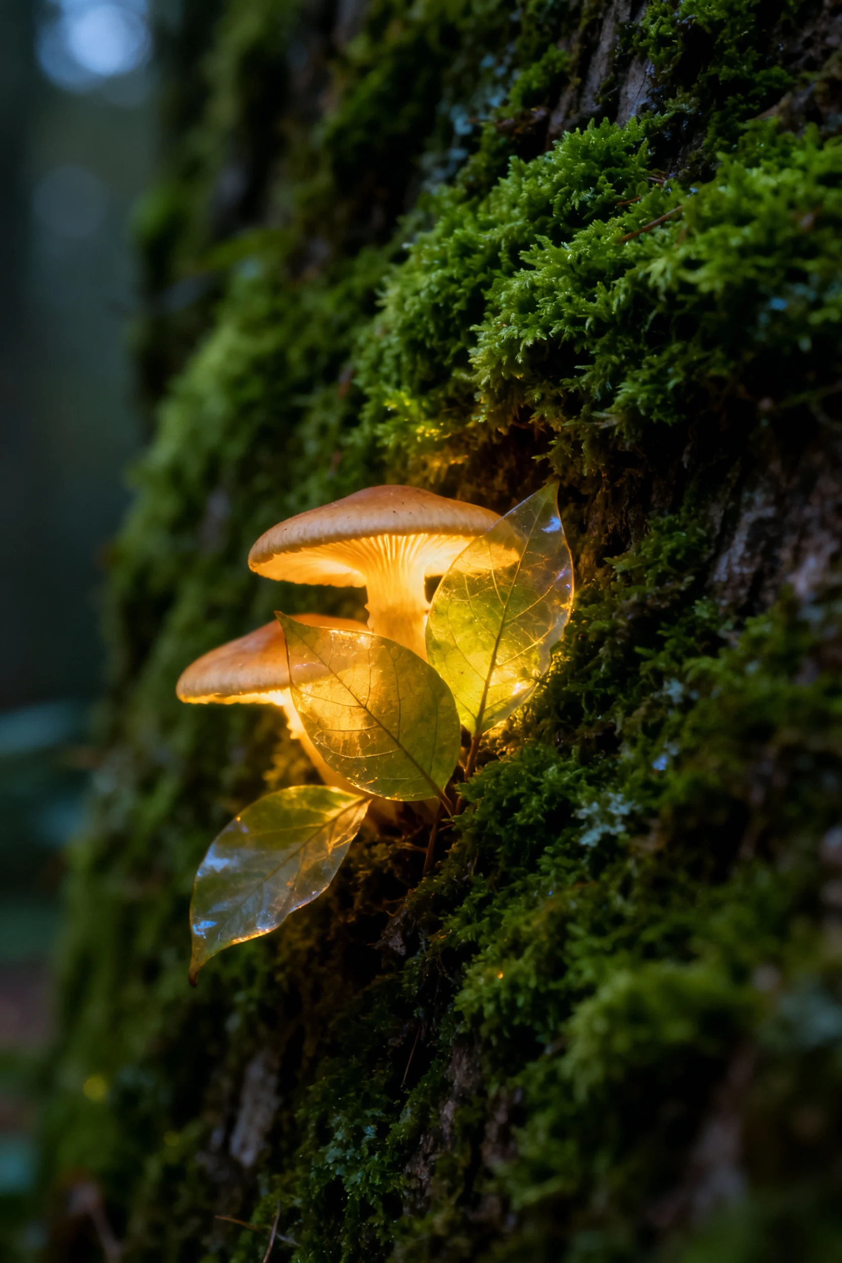closeup moss wall, glow lichen, hidden shroomlights behind leaves
