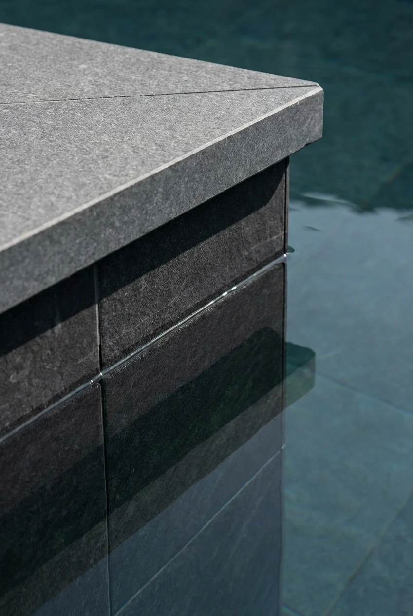 charcoal porcelain waterline with square-edge coping shadow closeup