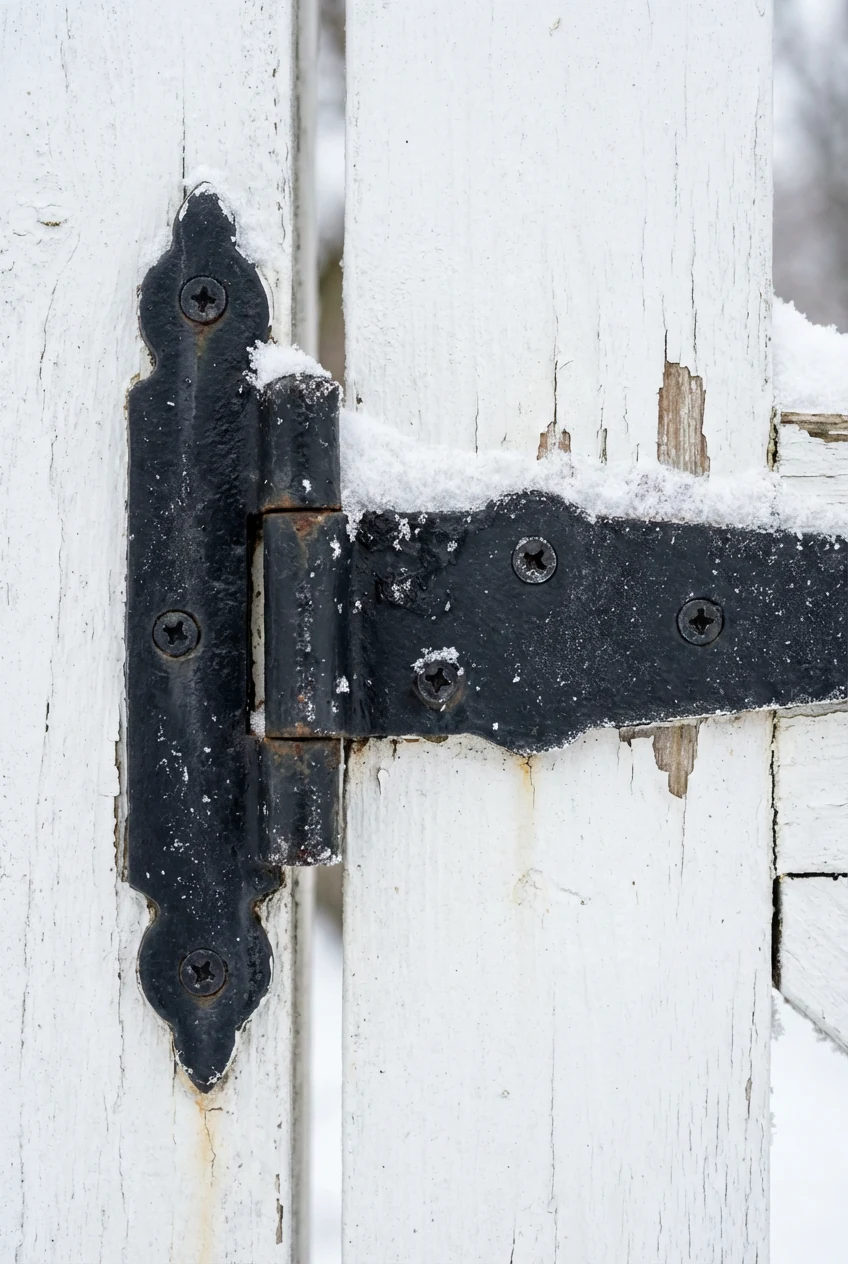 closeup matte black hinge on snowdrop white gate