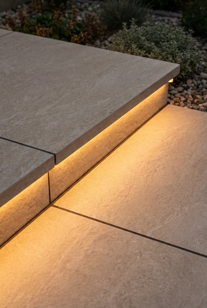 closeup warm LED edge lights along porcelain paver