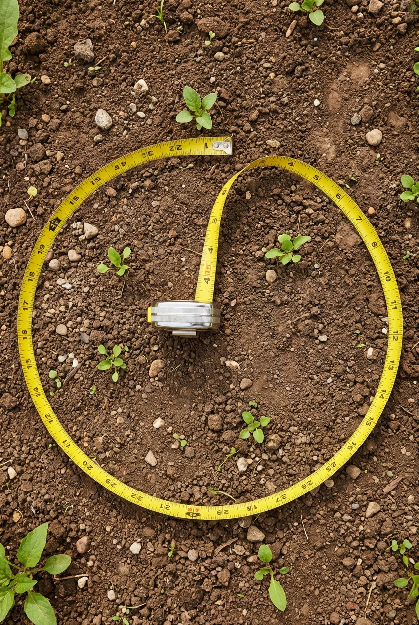 top-down yellow tape measure marking 4-foot garden circle