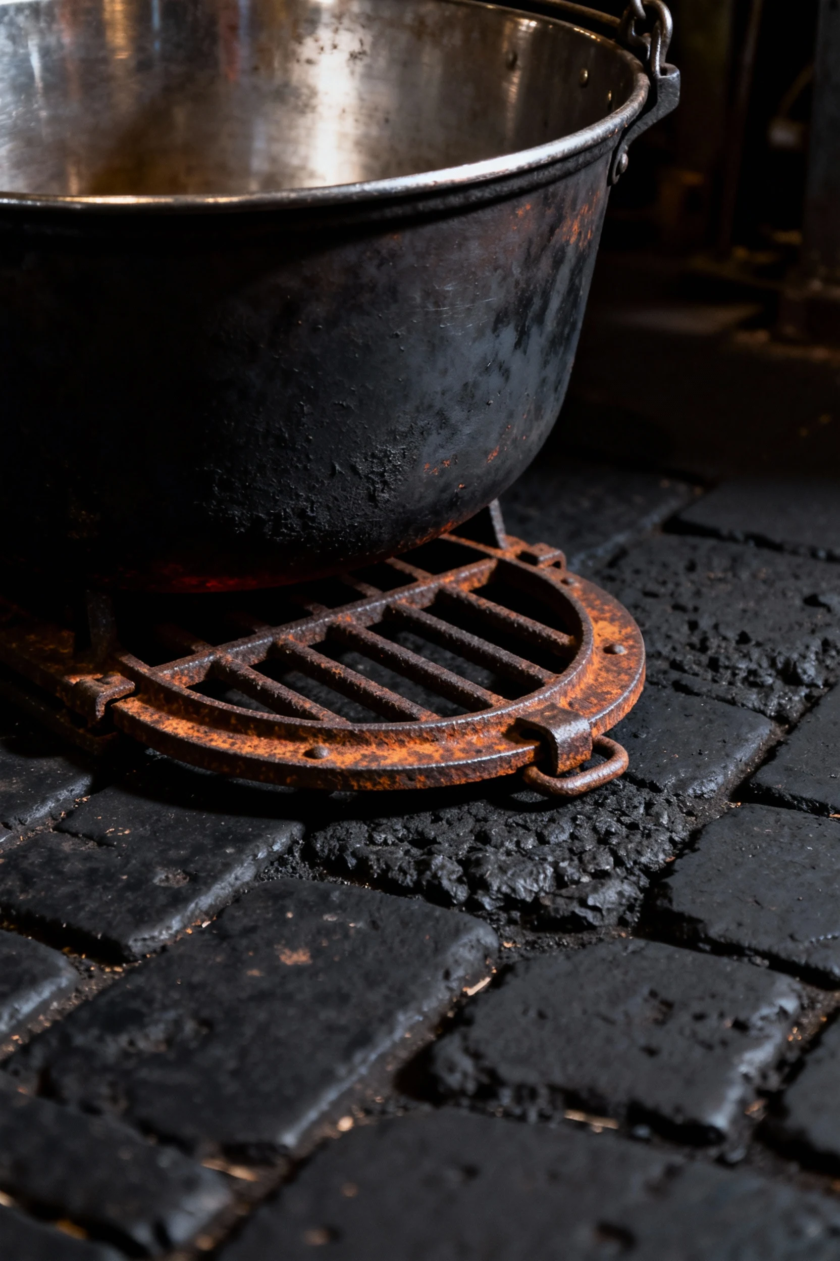 closeup cauldron industrial hanger, iron trapdoor rim, blackstone floor