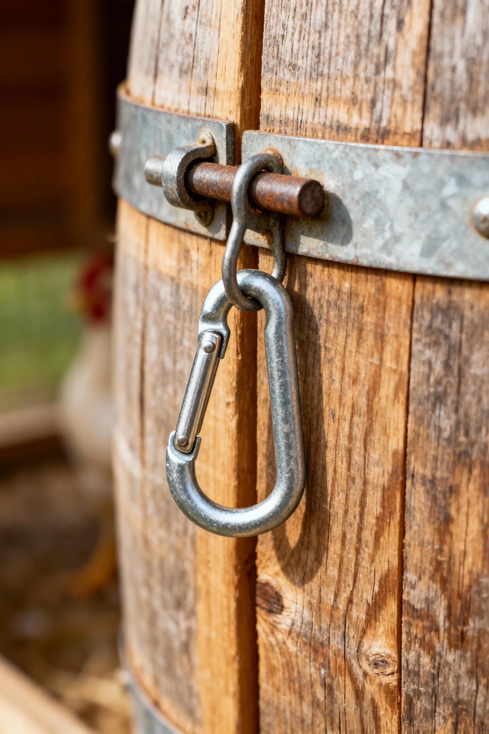 closeup zinc carabiner-clipped barrel latch on wooden coop door