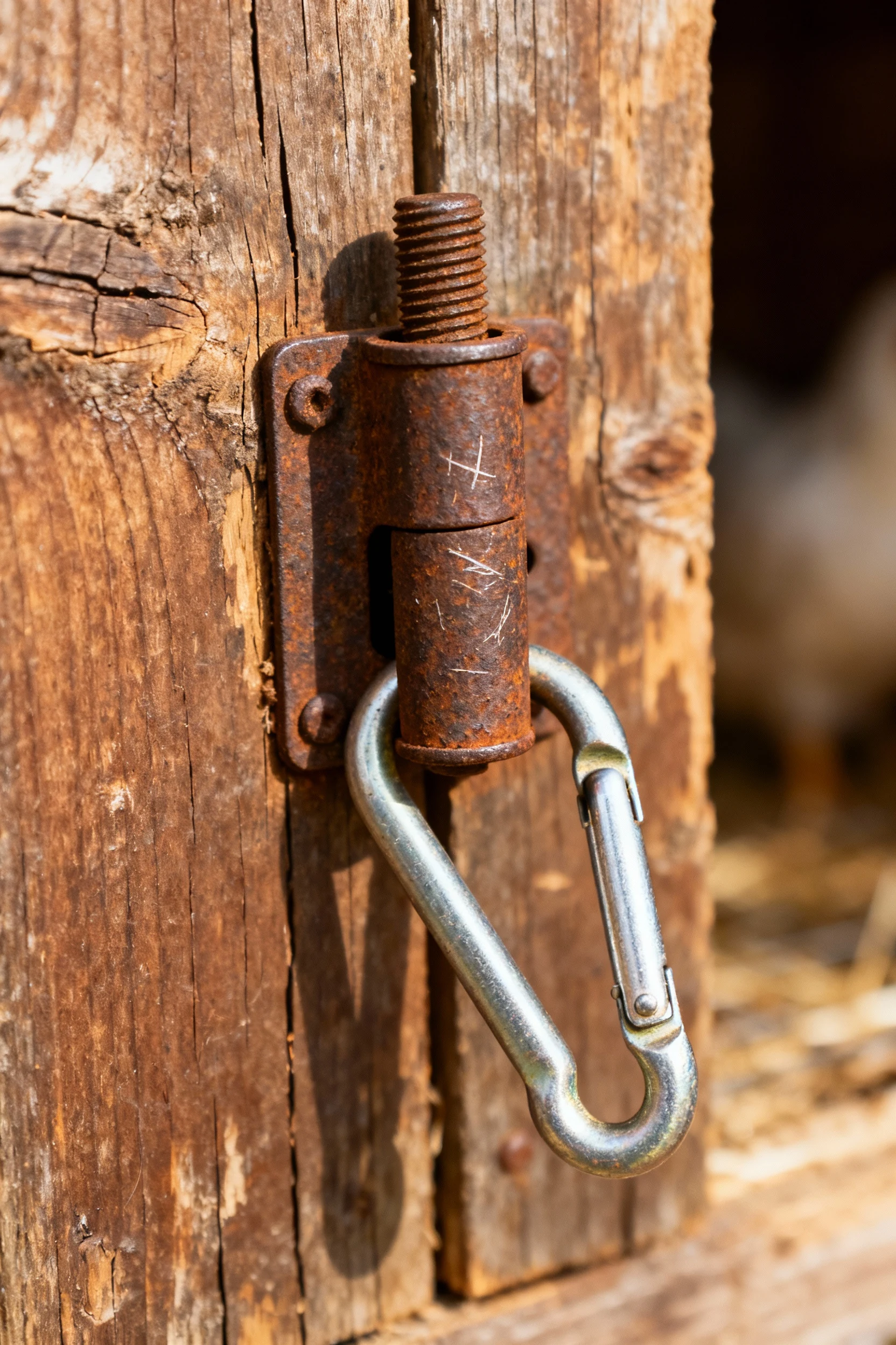 closeup of barrel bolt with carabiner on weathered wooden coop