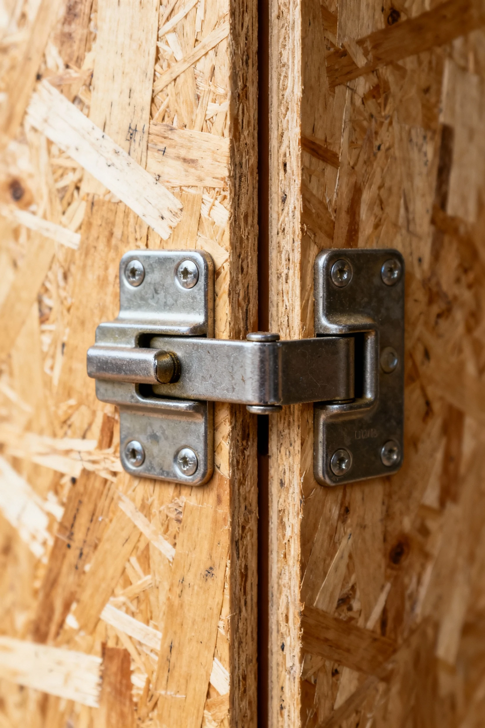 locking latch on plywood people door, two hinges, closeup