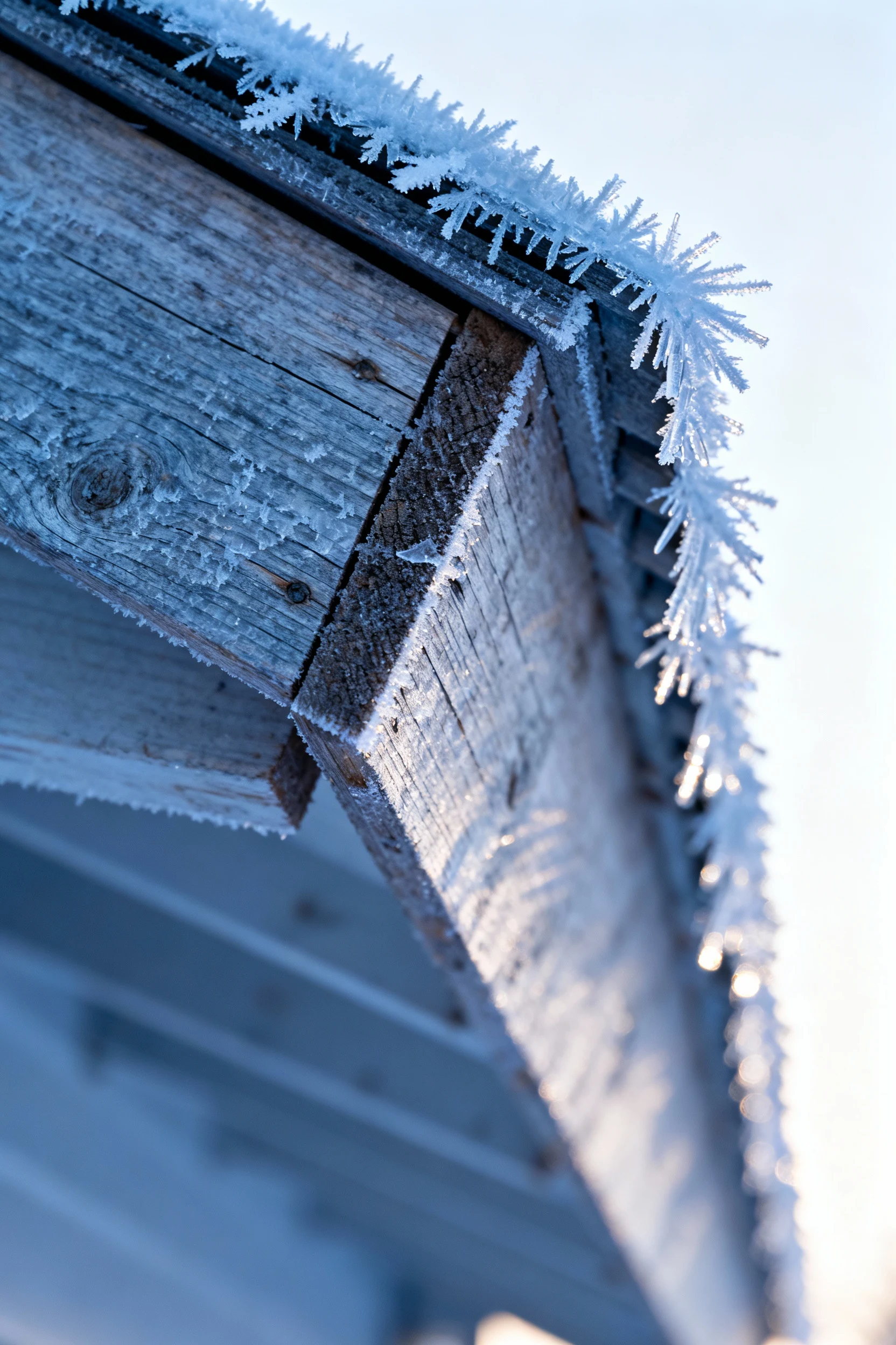 closeup of high eave vent with wooden baffle, white frost