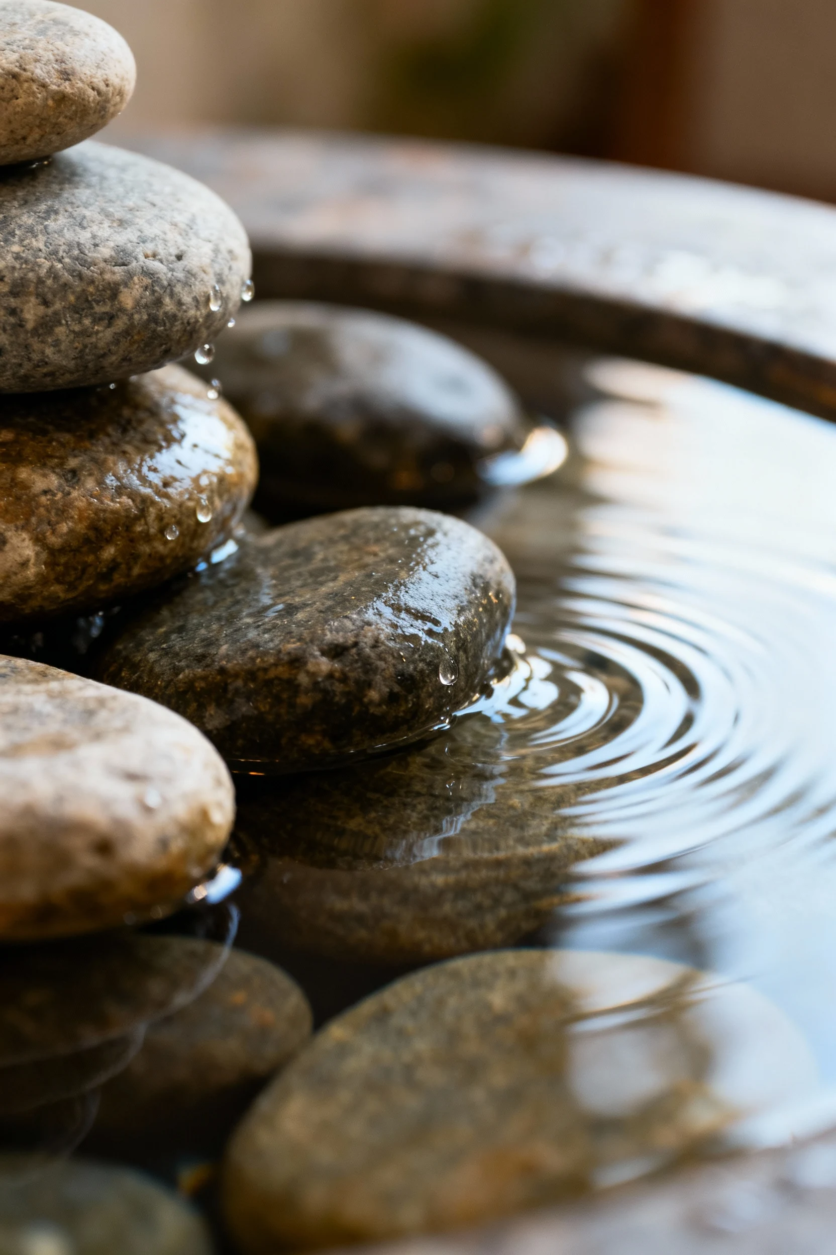 closeup tabletop fountain with smooth river stones, gentle ripples