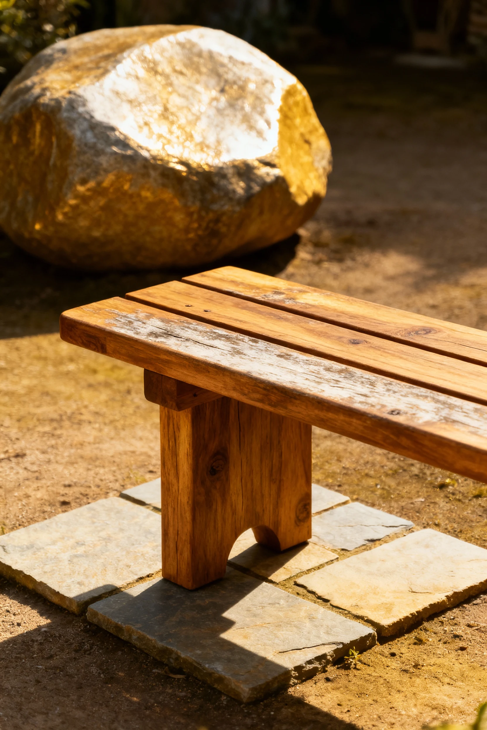 closeup teak bench on flagstone pad facing smooth boulder