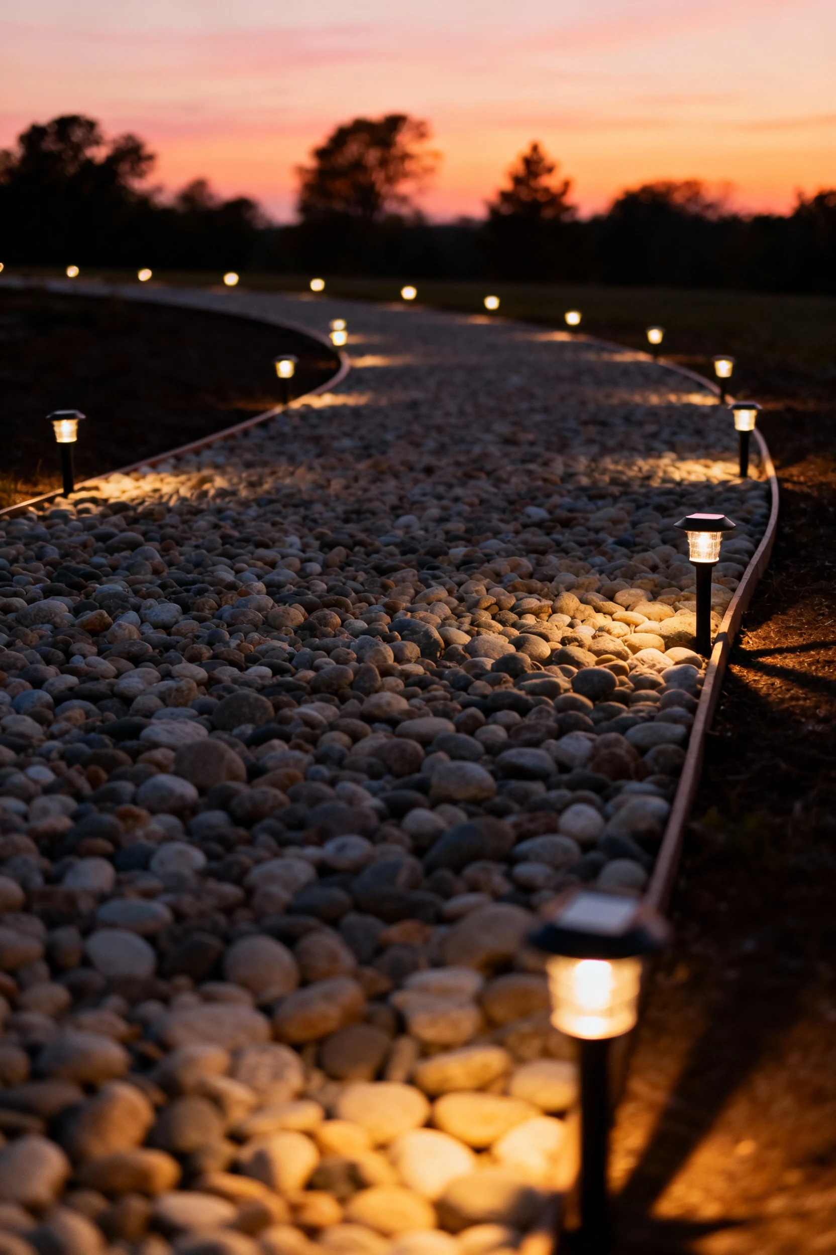 pea gravel path with curve, solar stake lights at dusk
