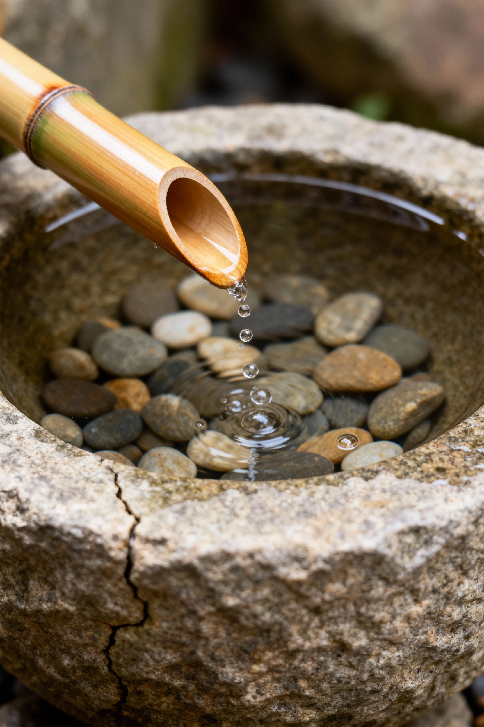 closeup stone bowl, bamboo spout, gentle bubble, pebbles