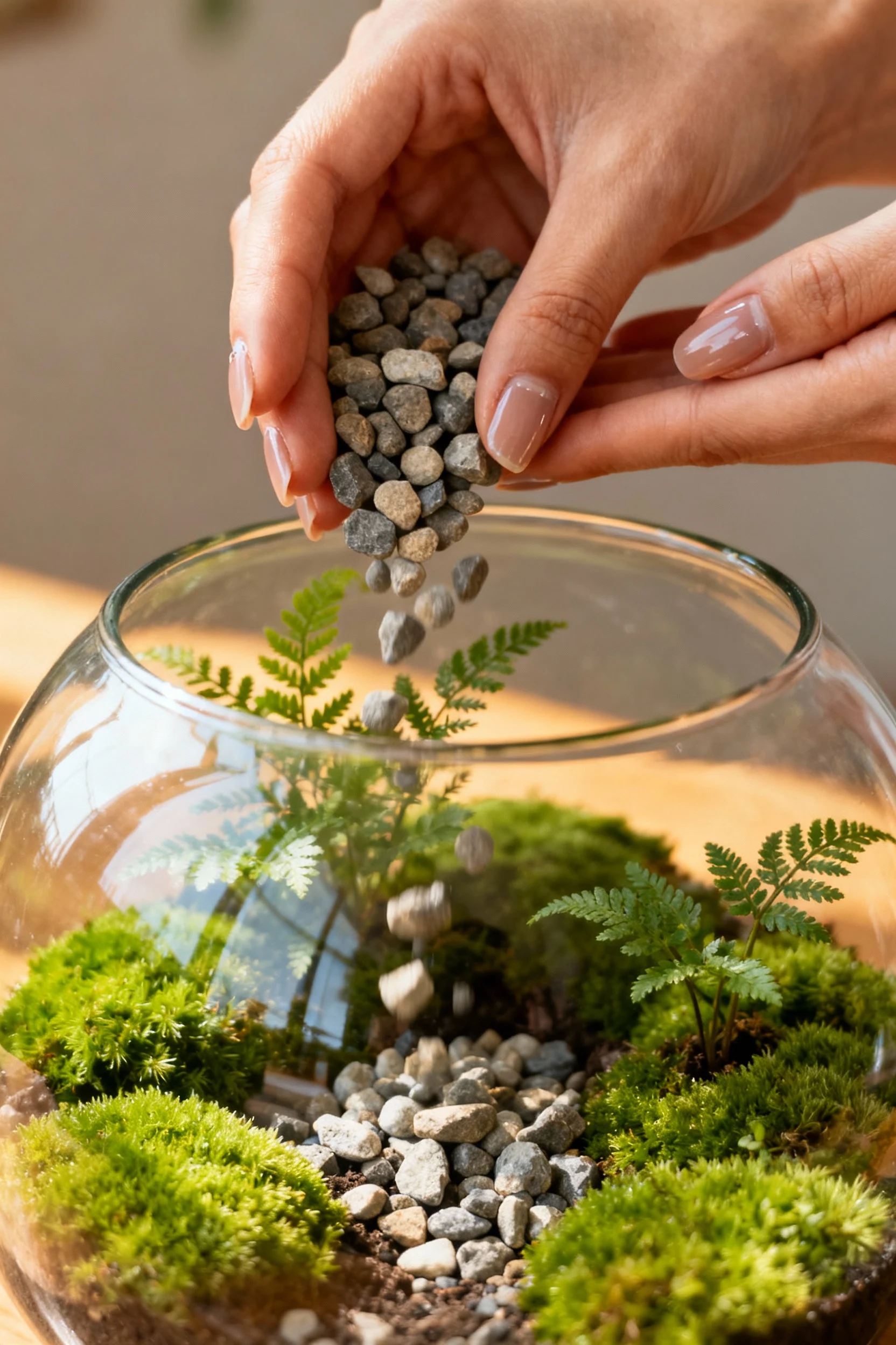 female hands pouring gravel into glass terrarium, moss, mini ferns