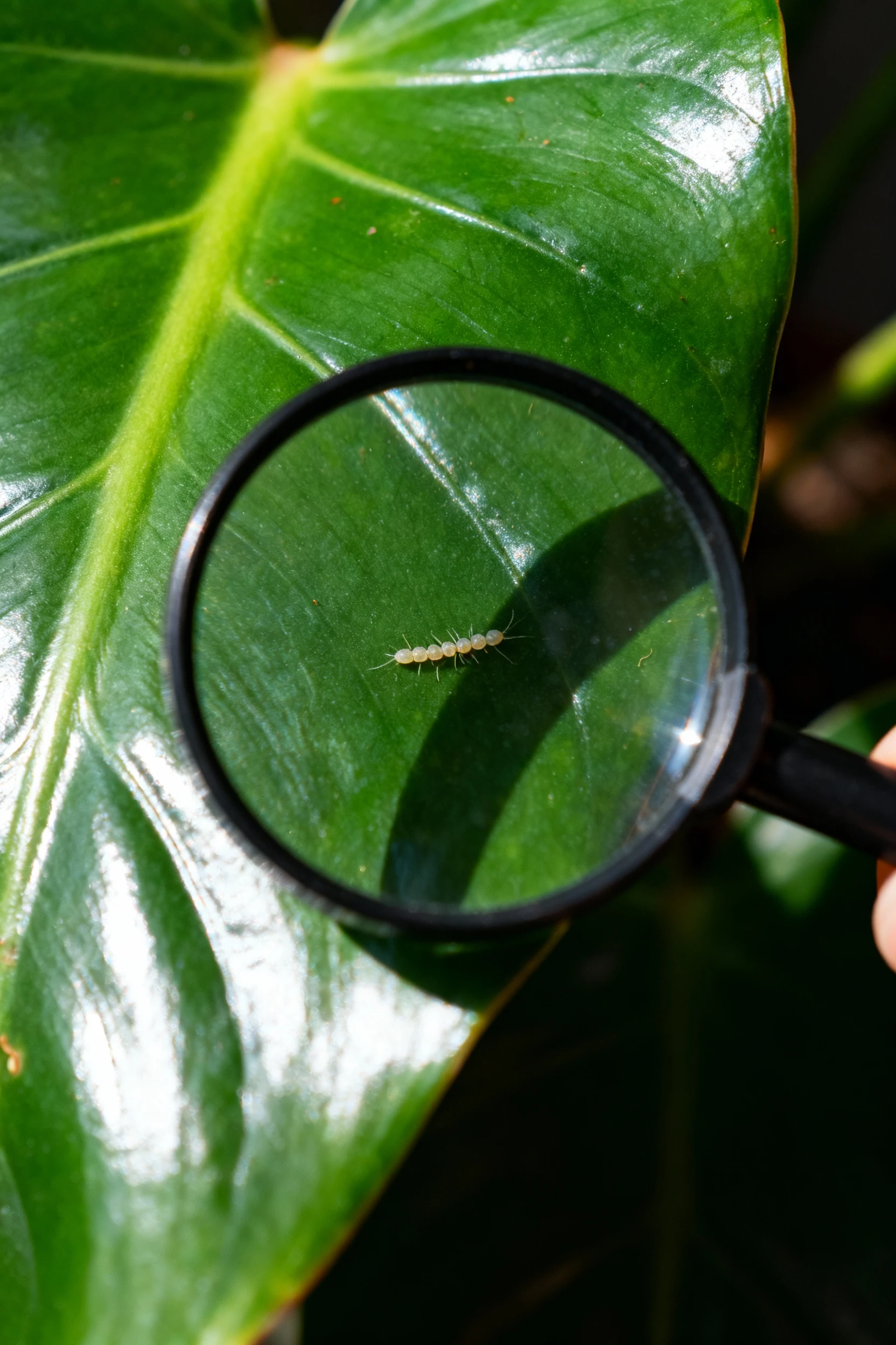 closeup magnifying loupe inspecting glossy philodendron leaf, thrips eggs