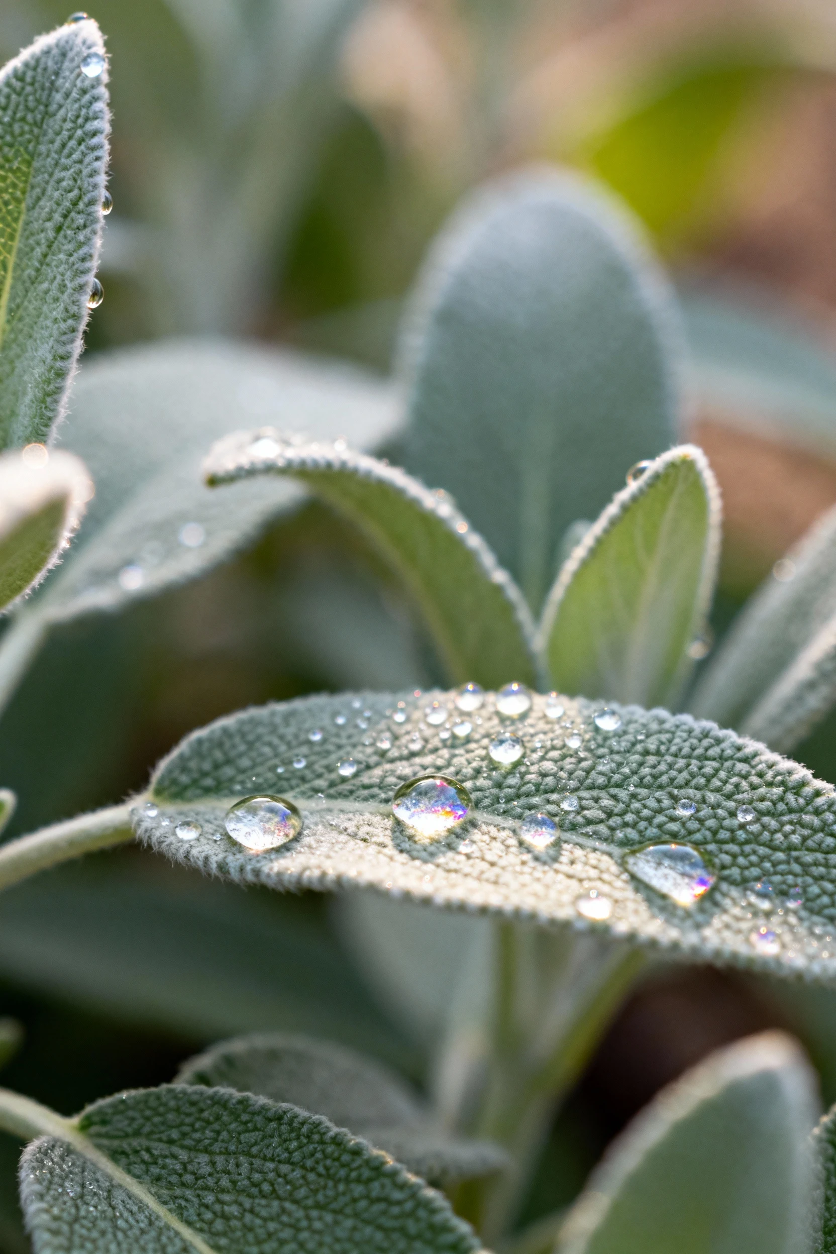 closeup gray-green common sage leaves with morning dew