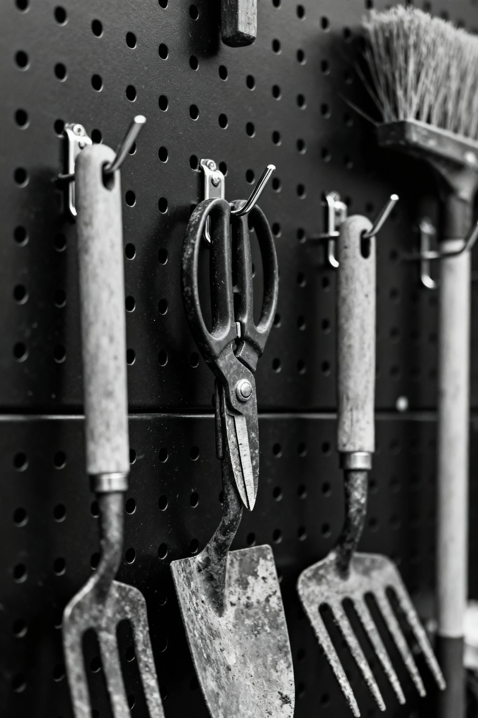 black metal grid wall with S-hooks, garden tools closeup