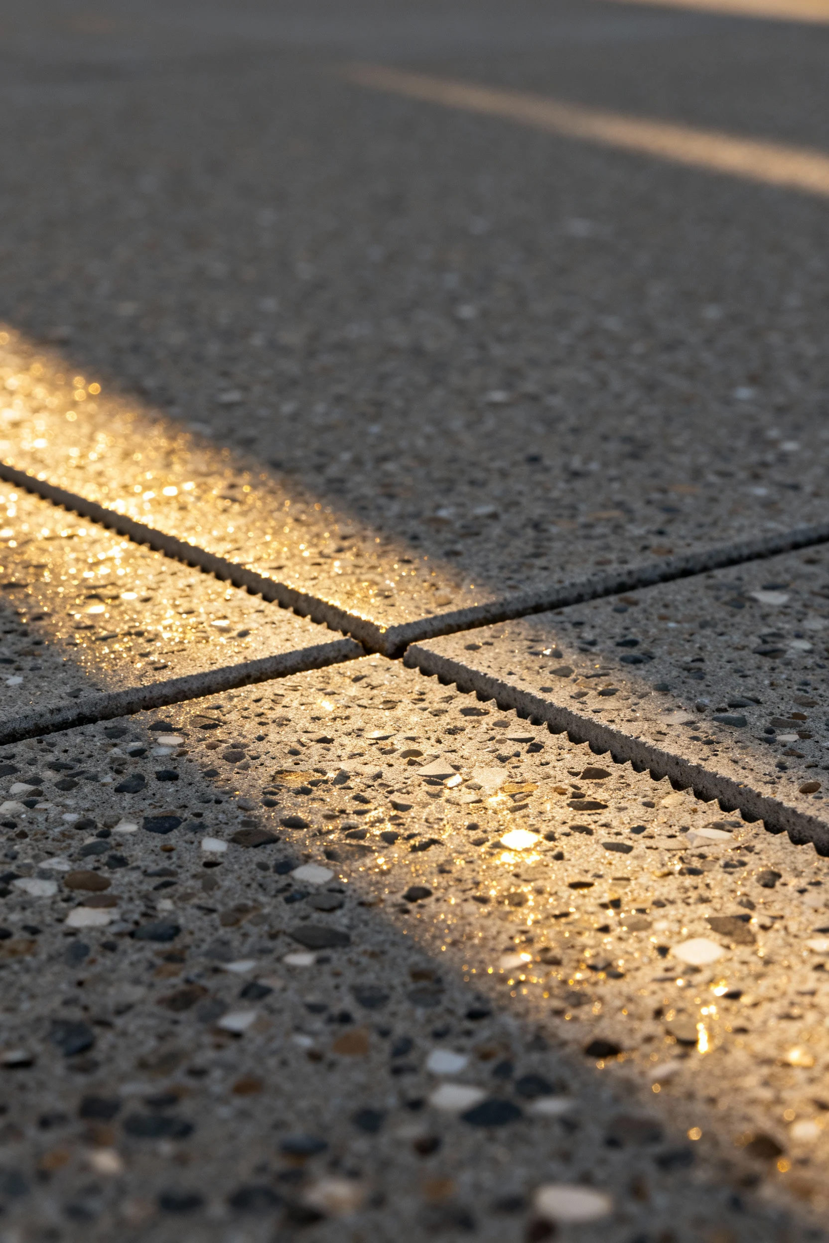 Closeup micro-exposed aggregate concrete, sunlight sparkle, crisp saw-cut joint
