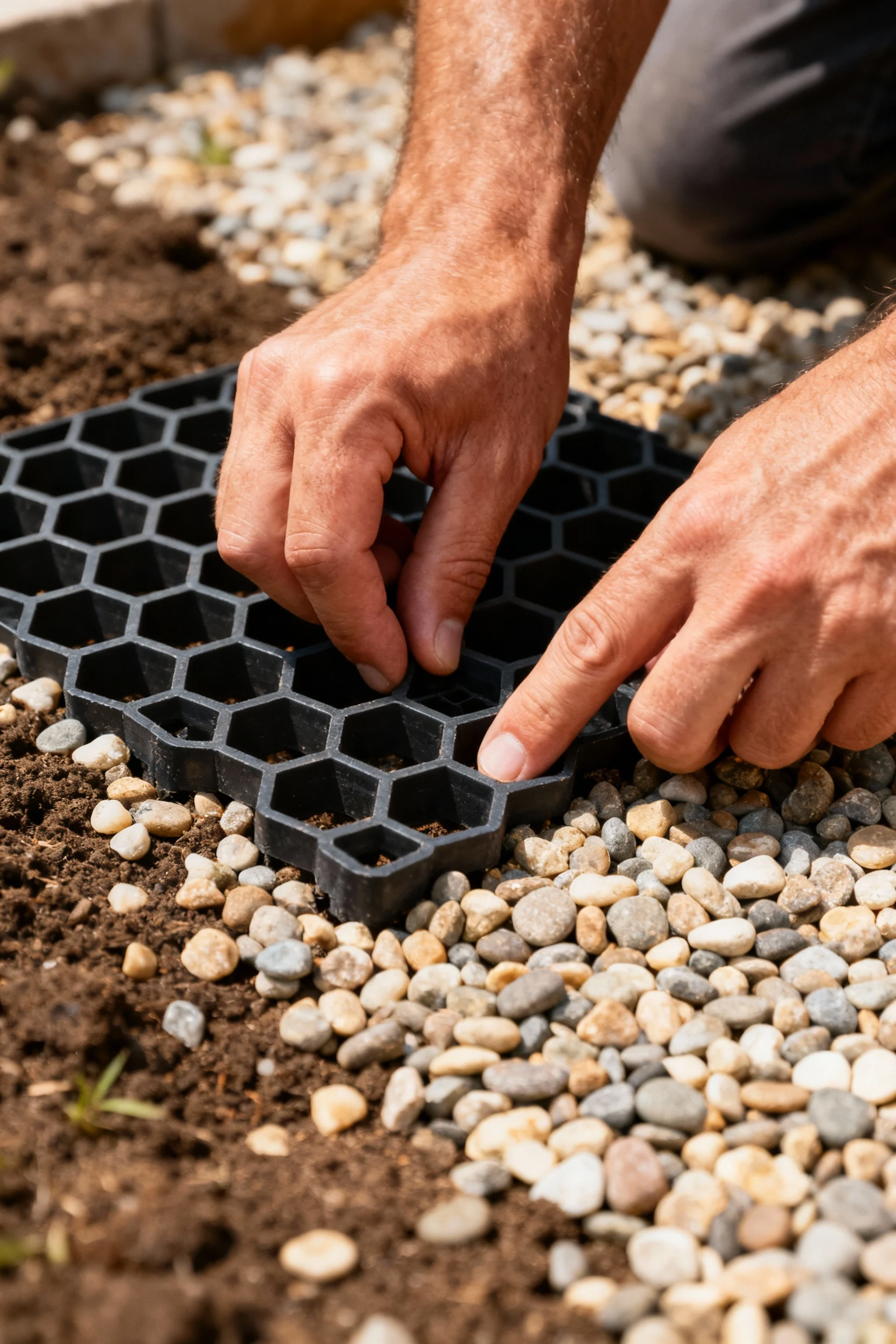closeup male hands installing honeycomb grid under pea gravel