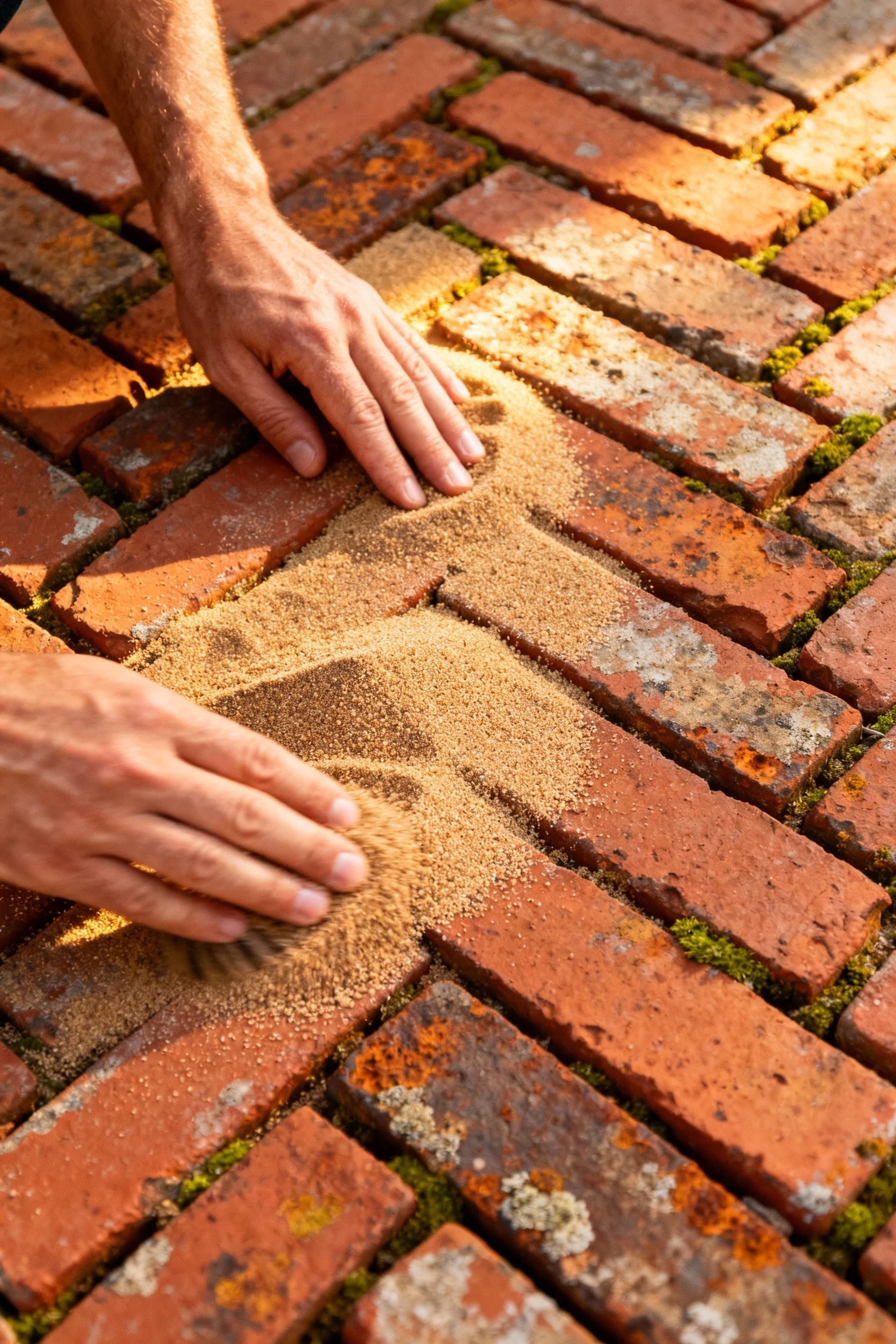 closeup hands sweeping polymeric sand into herringbone reclaimed red bricks
