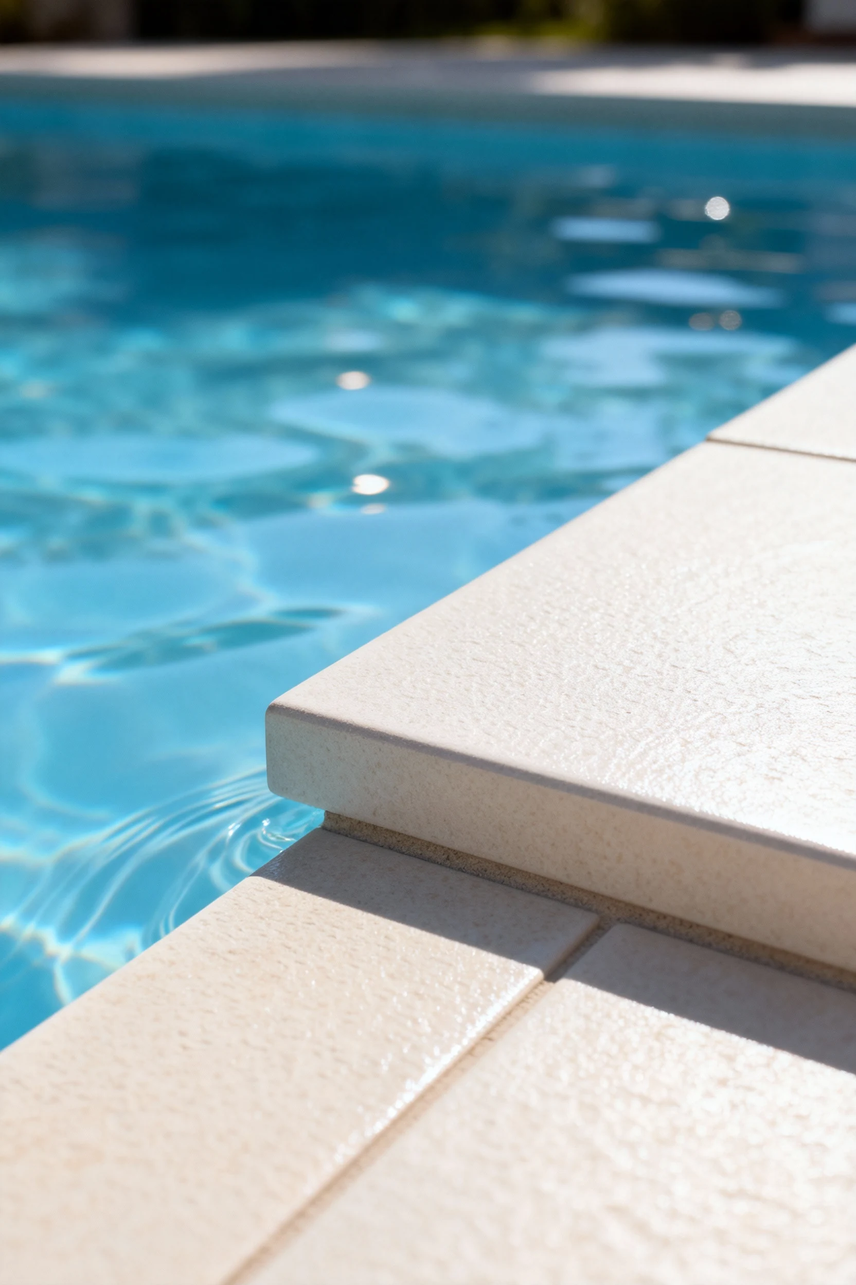 textured light porcelain paver closeup beside blue pool water