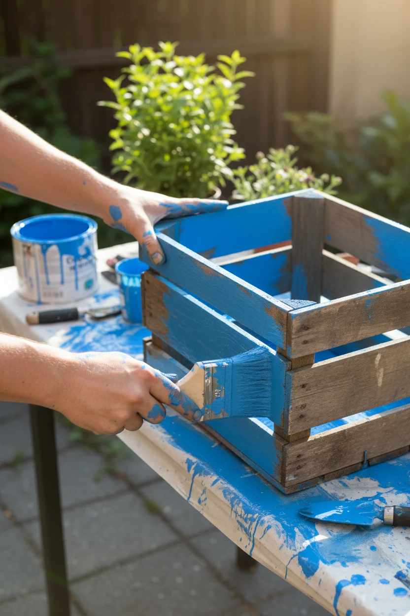 hands painting old wooden crate planter bright blue