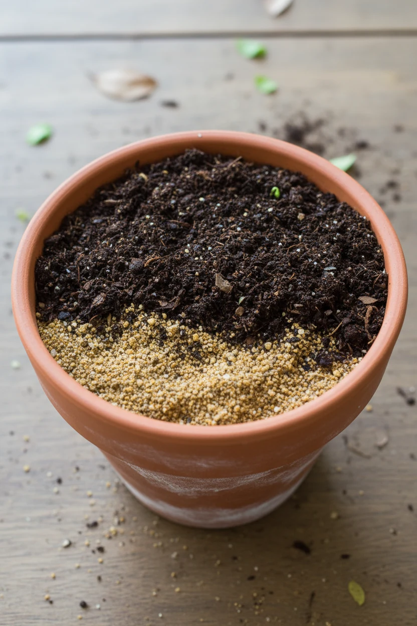 top view of clay pot filled with layered soil compost and sand mix