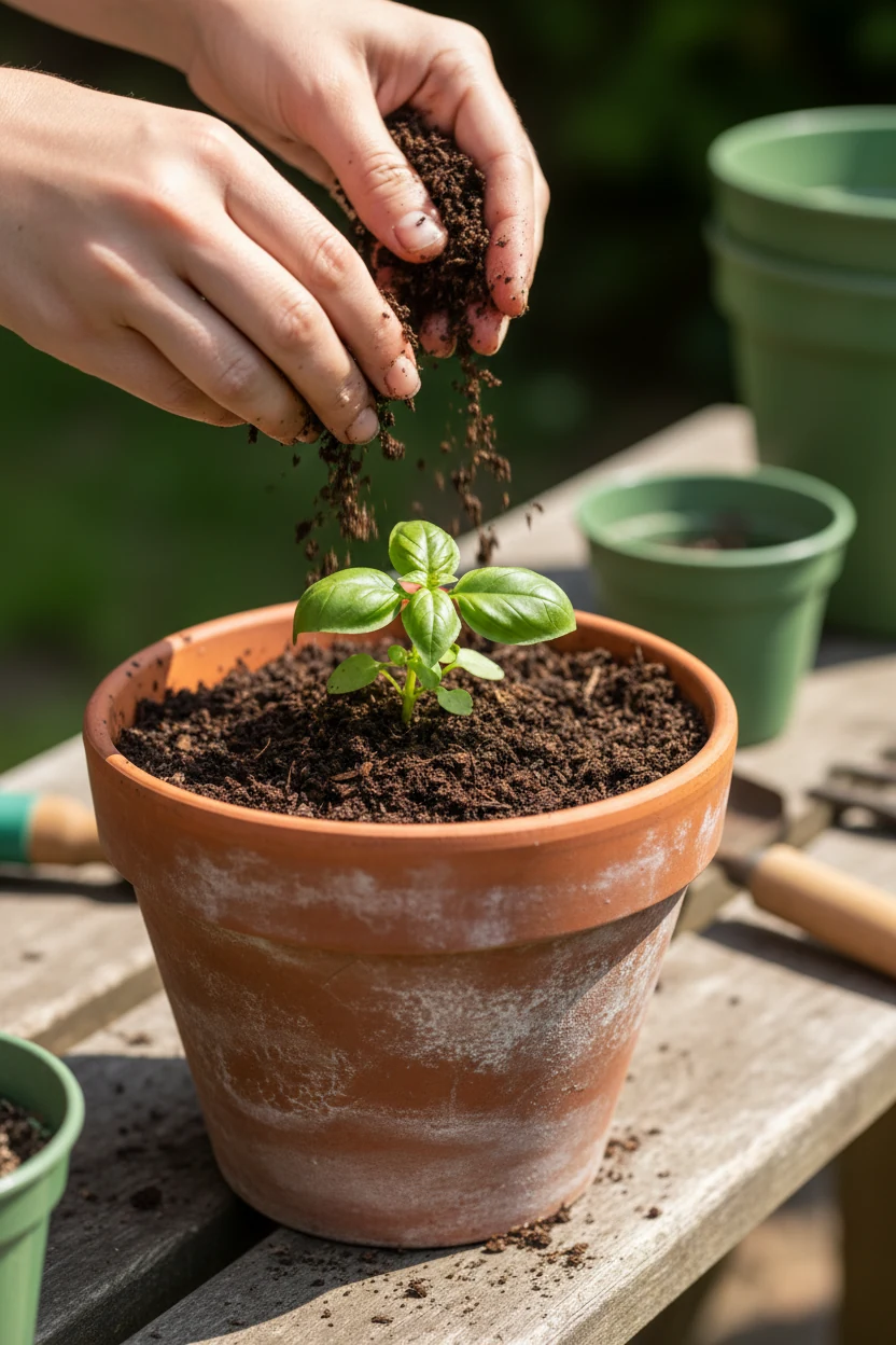 hands sprinkling compost into terracotta pot with basil plant