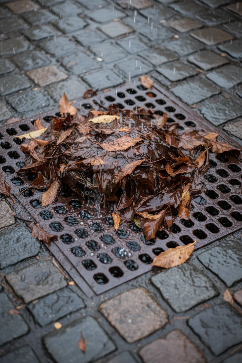 detail shot of grated surface drain with wet leaves during monsoon rain
