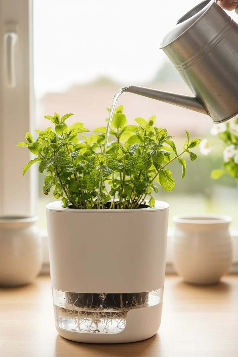 hand pouring water into self-watering pot with mint plants