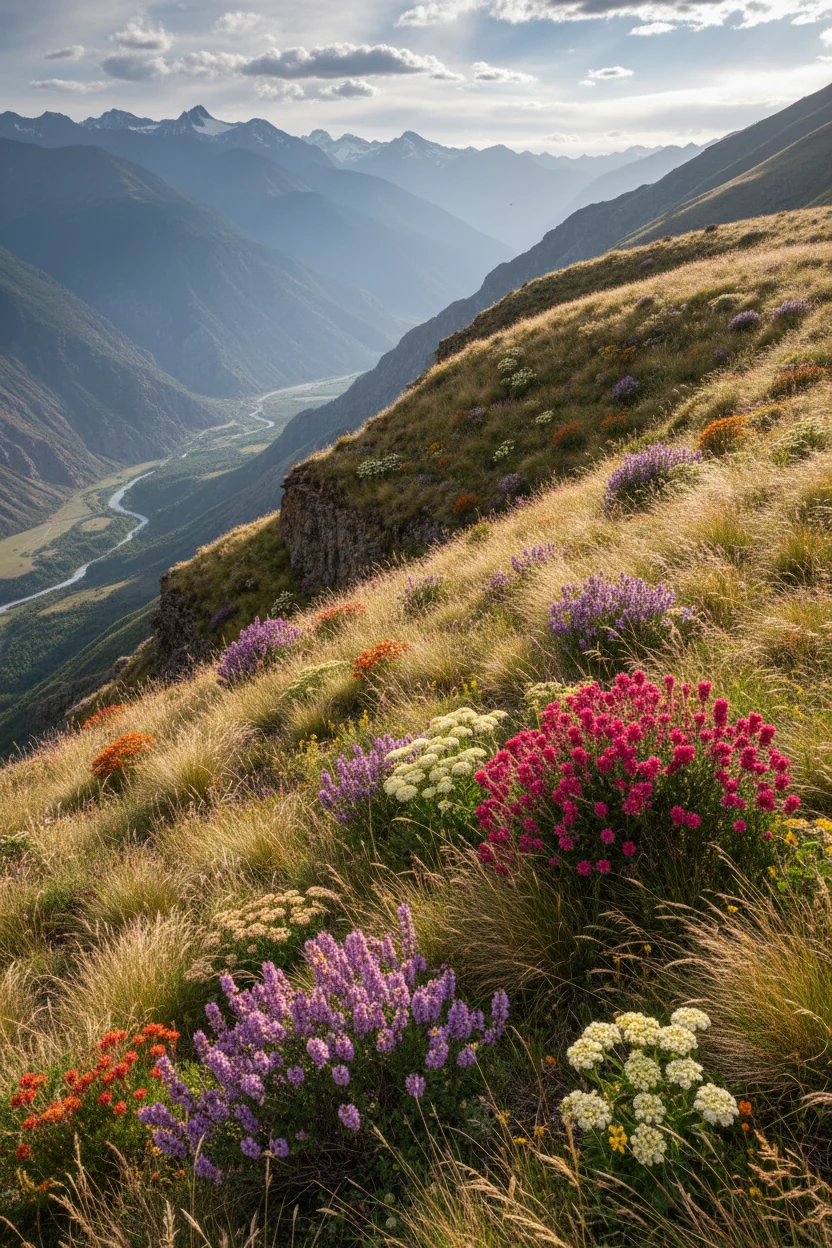 wild grasses and flowering shrubs on steep hillside