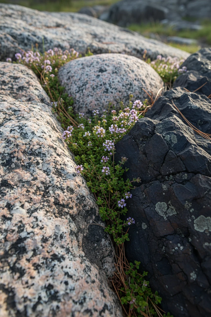 detail of granite and basalt rocks with creeping thyme between crevices