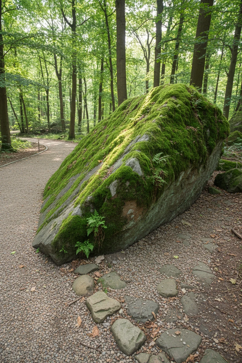 large mossy boulder partially buried beside gravel path
