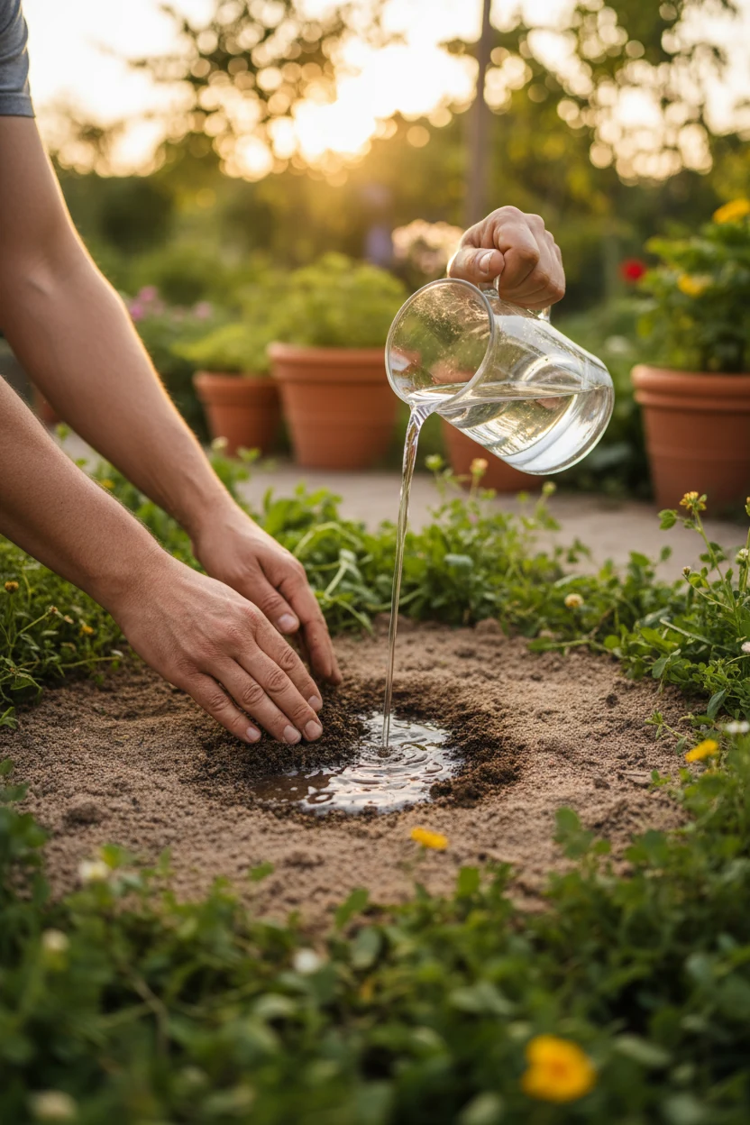 hands testing garden soil drainage by pouring water into small sandy patch