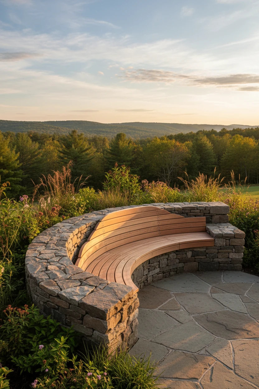 curved stone retaining wall with built-in wooden bench