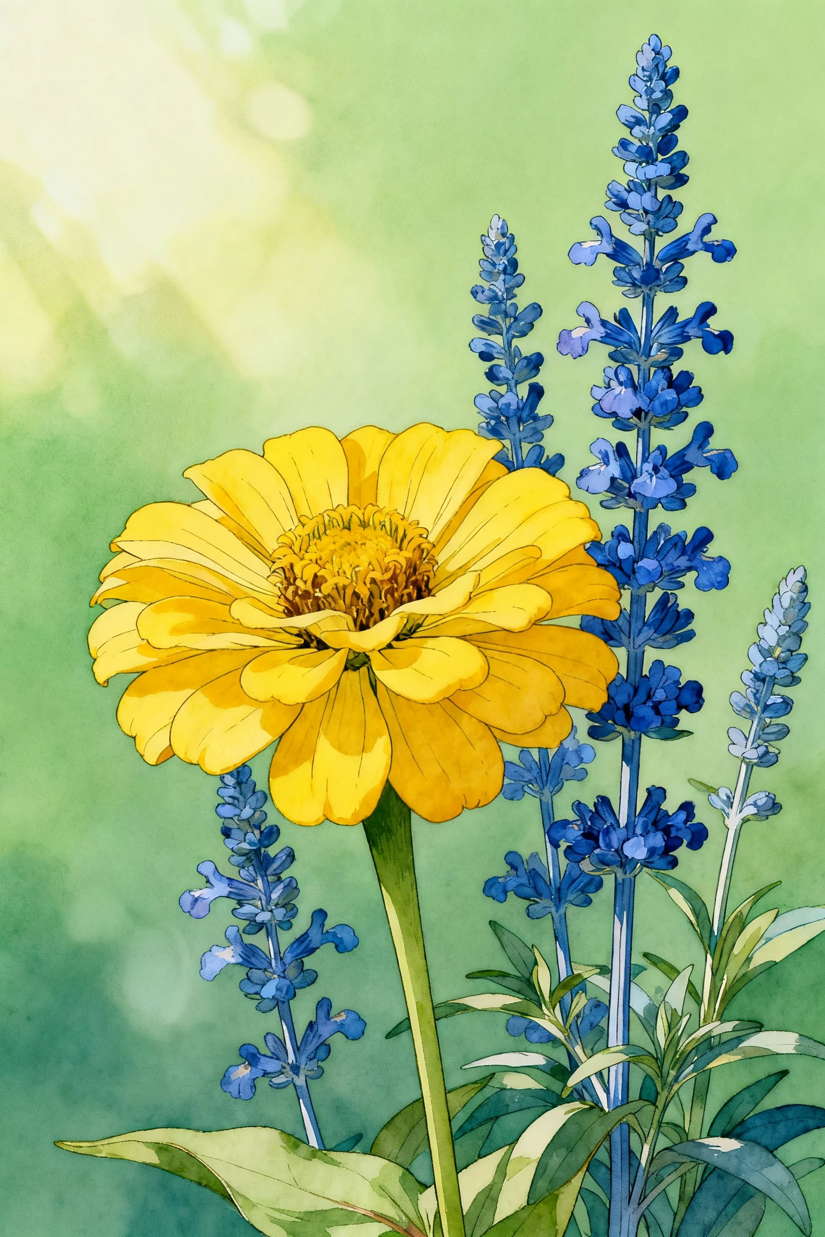 yellow zinnia ‘Benary’s Giant’ with blue salvia spikes