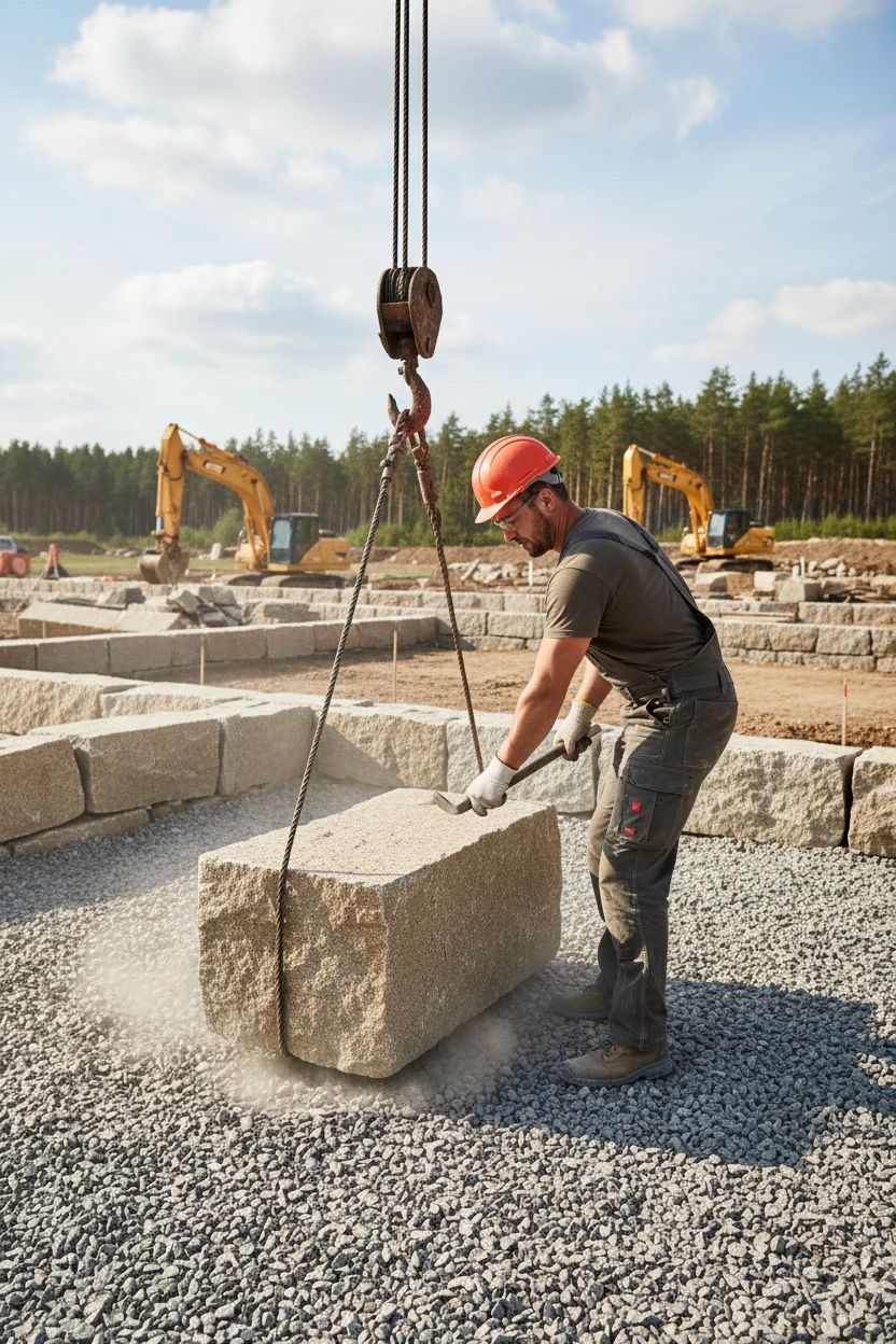 male worker placing large cut stone block on gravel foundation