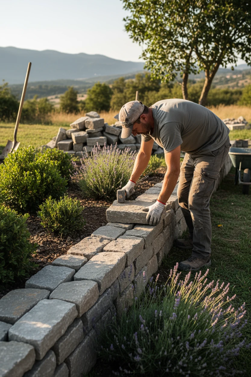 male stacking gray stone blocks for retaining wall