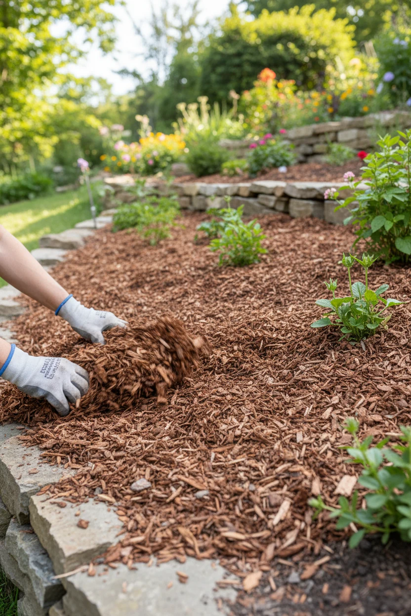 hands spreading shredded bark mulch on hillside garden bed