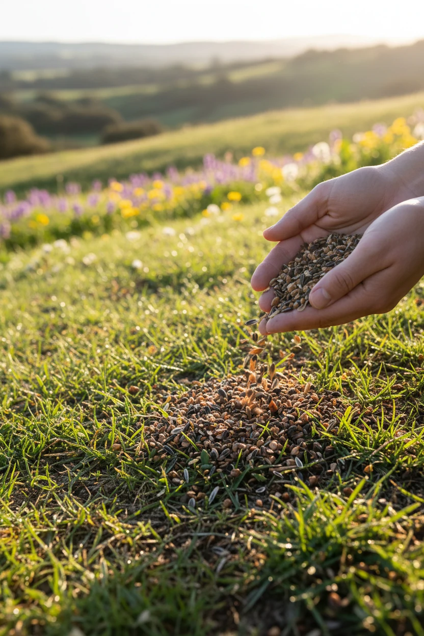 hands scattering native wildflower seeds on small grassy slope