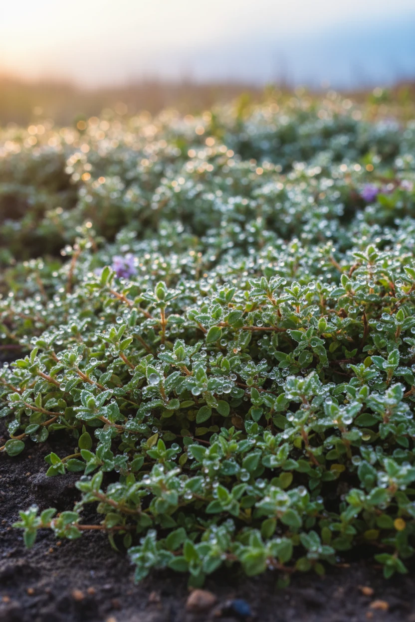 closeup of creeping thyme groundcover with morning dew