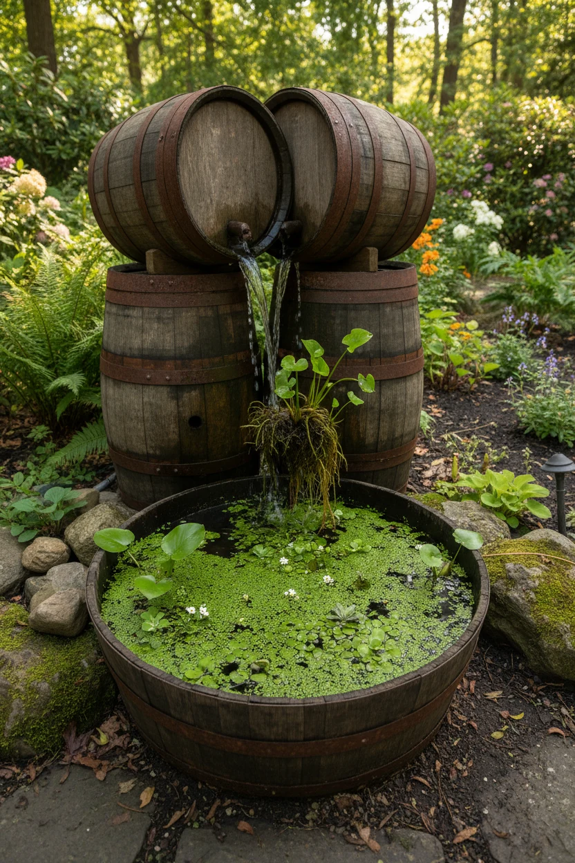 whiskey barrel fountain with floating green plants
