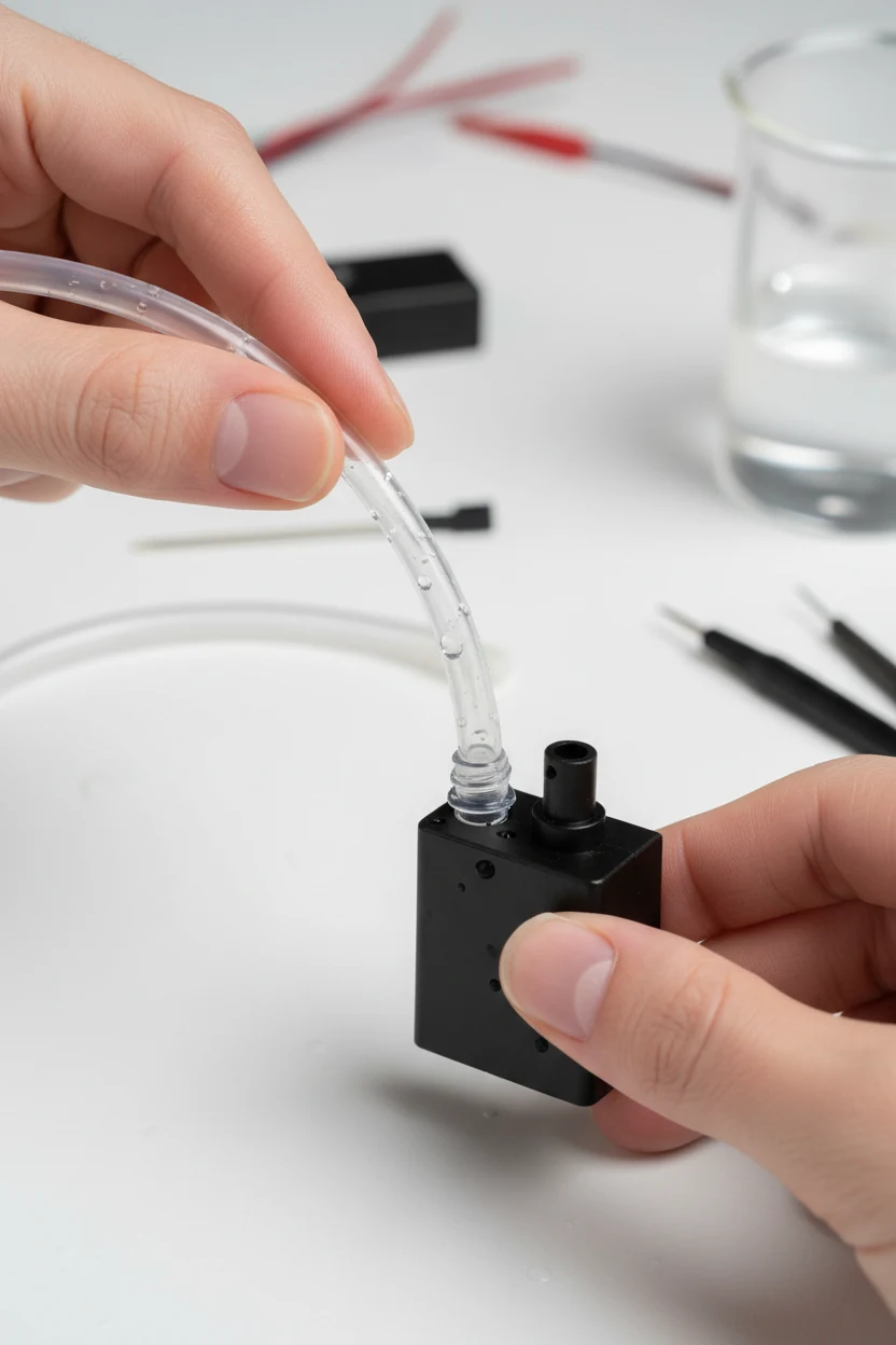 hands connecting clear flexible tubing to tiny black submersible water pump