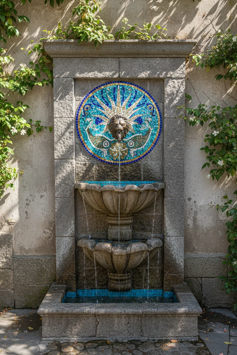 vertical wall-mounted stone fountain with mosaic tiles