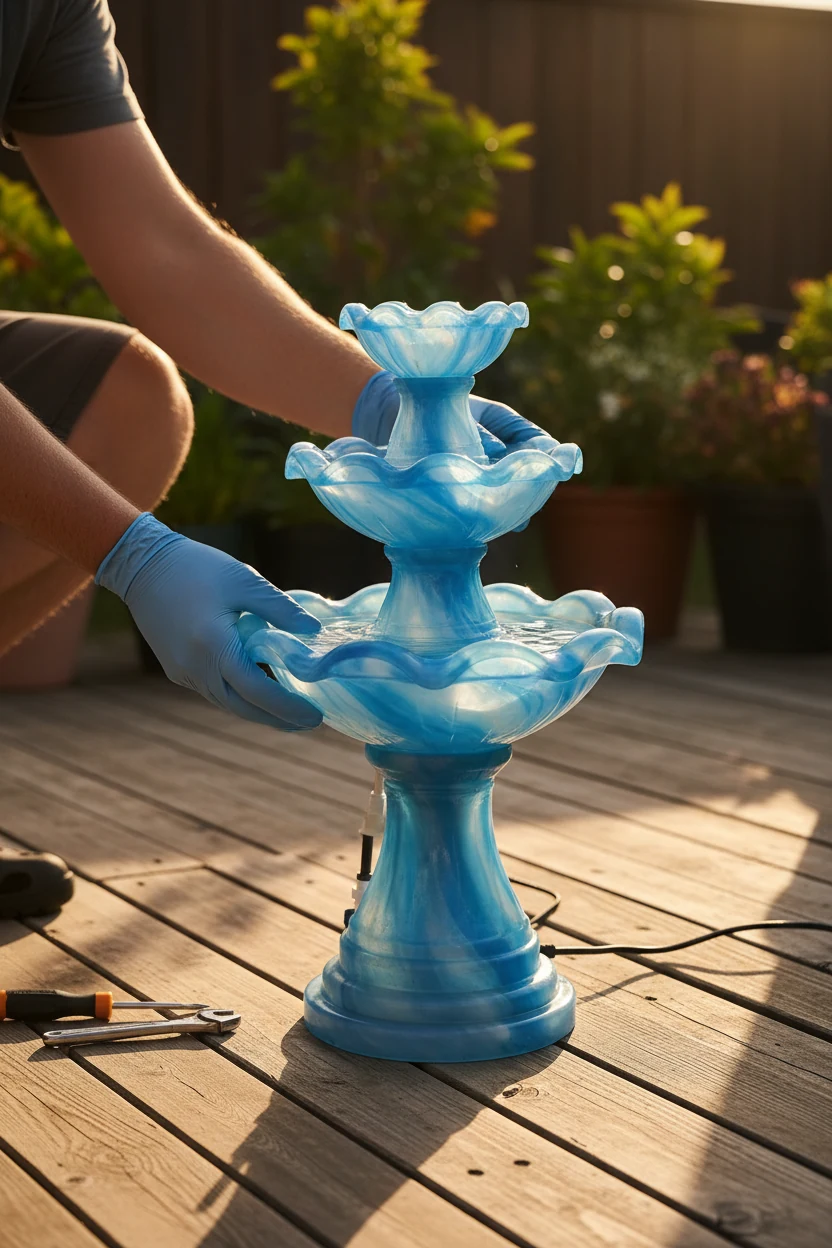 male hands assembling tiered resin fountain on wooden patio deck