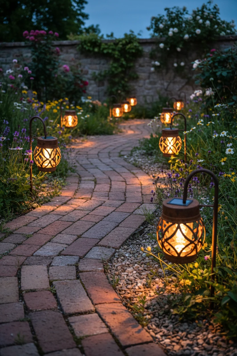 rustic metal solar lanterns along brick garden pathway with soft glow